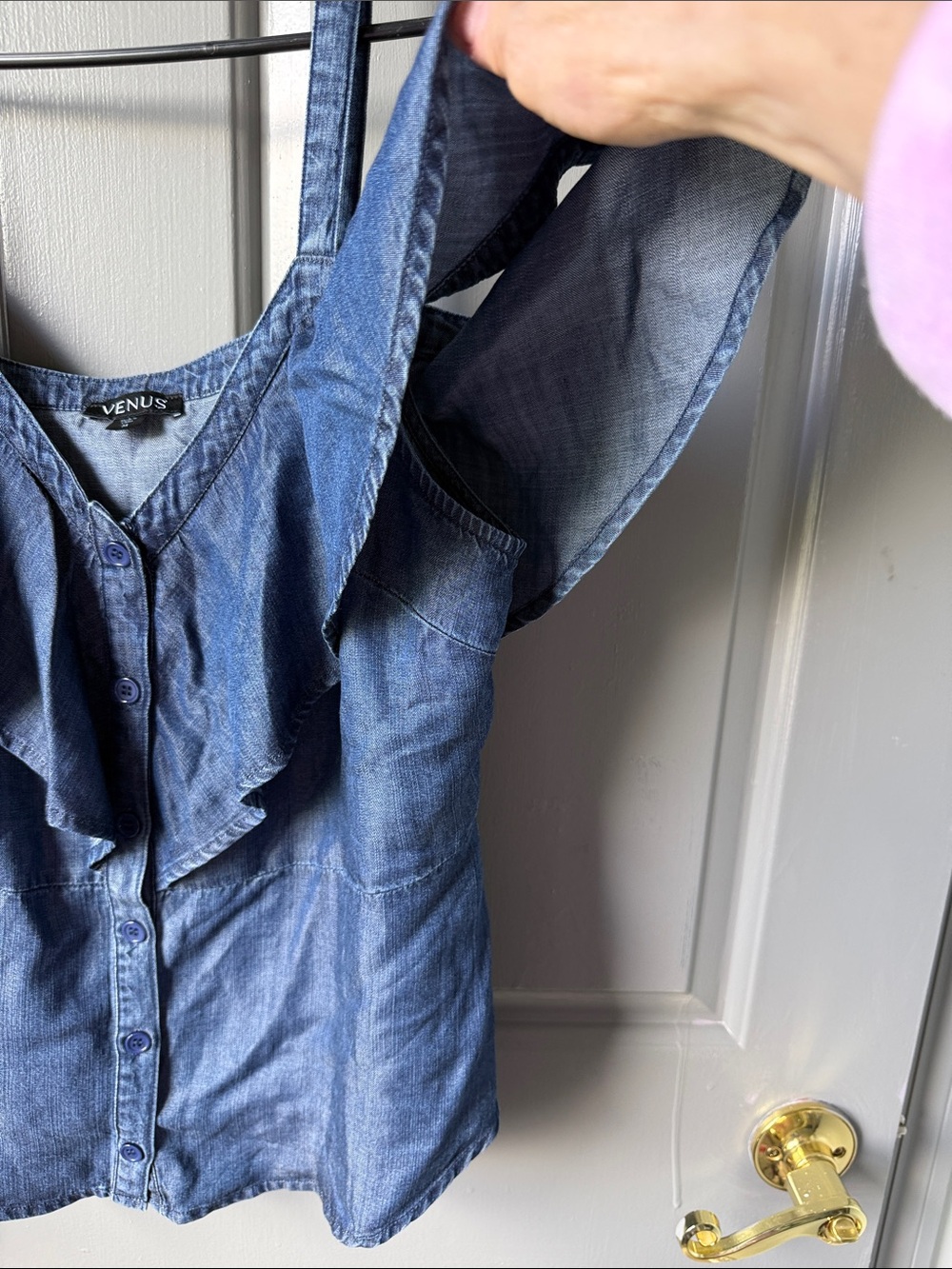 VENUS Light Blue Denim Ruffle Button-Front Cami - Picture 3 of 6